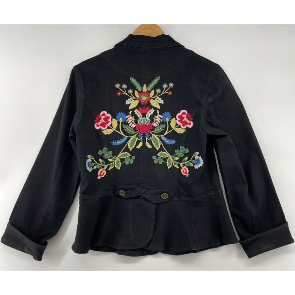 V Cristina Women's M Black Floral Embroidered Denim Jacket Whimsigoth Boho Chic - Picture 8 of 16